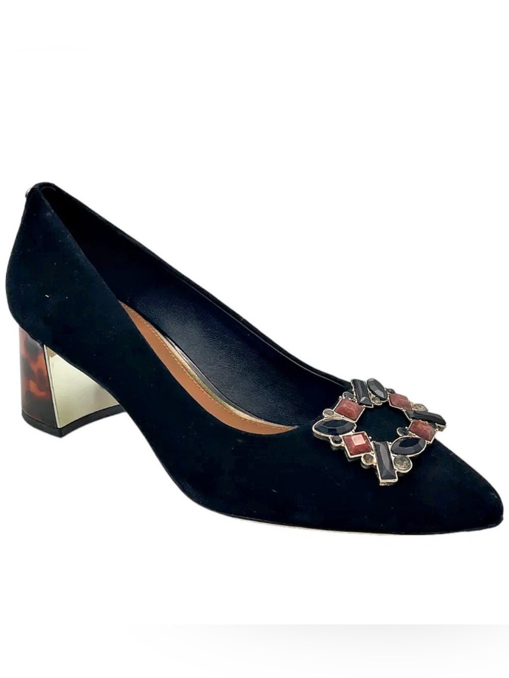 Donald Pliner Suzette Pointed Toe Pumps Multicolor Jeweled Buckle Tortoiseshell